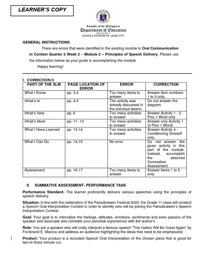 Oral Comm Lc Q2 Week 2 Pdf Gesture Speech