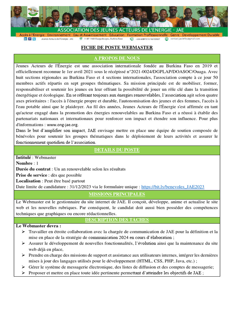 Fiche de Poste : Webmaster Bénévole | PDF | WordPress | Conception de ...