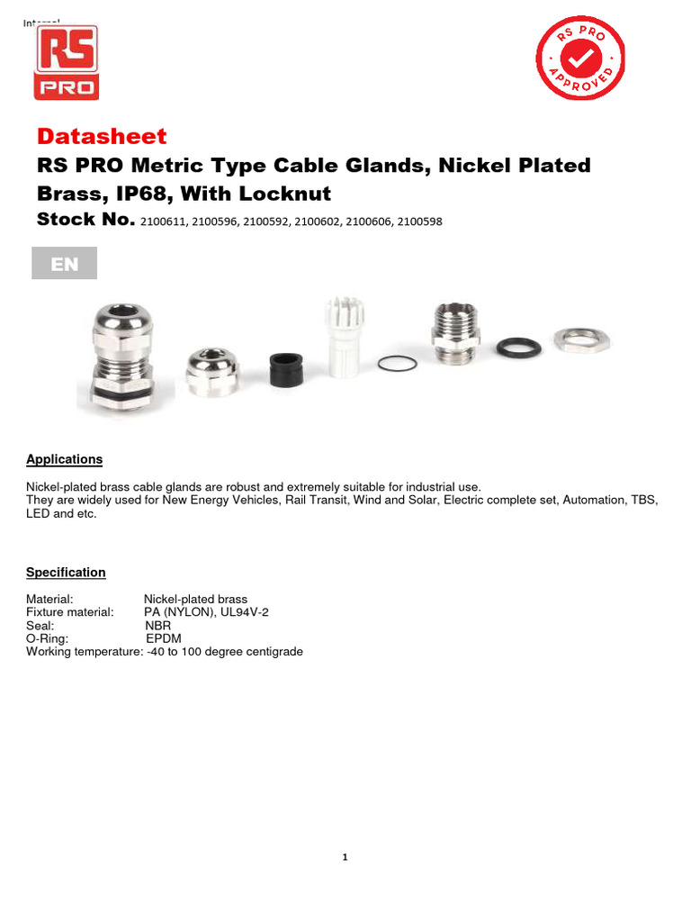 Datasheet rs pro metric type cable glands nickel plated brass ip68