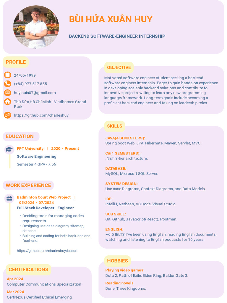 Backend Software Engineer Internship CV | PDF | Net Beans ...