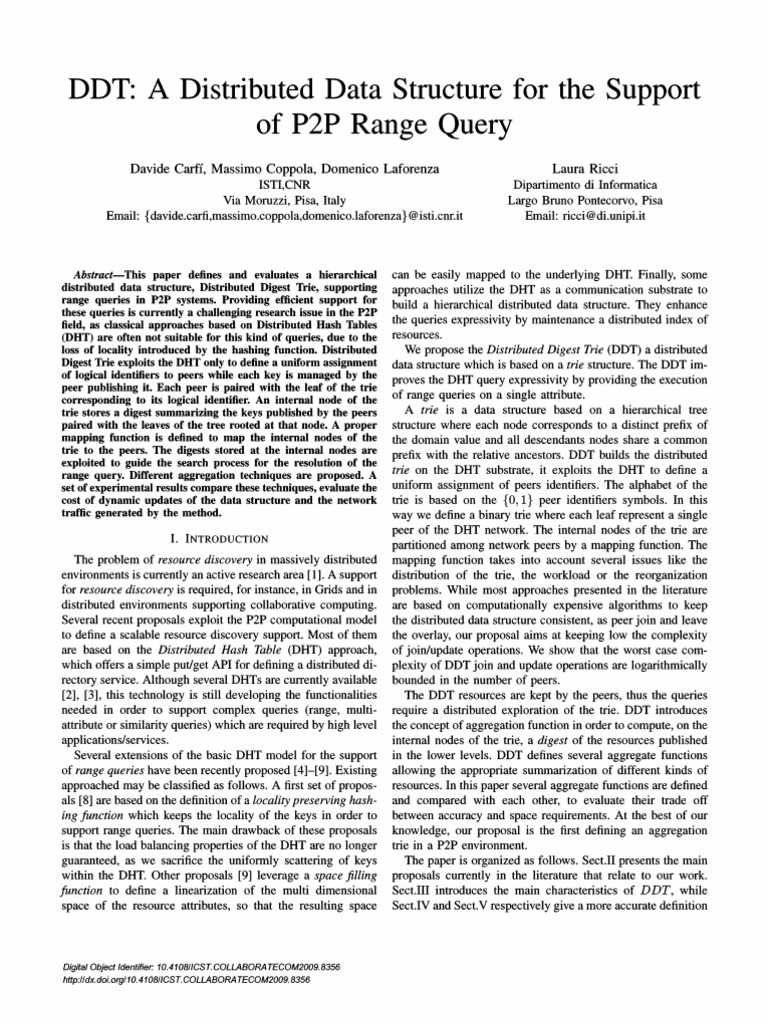 DDT A Distributed Data Structure For The Support of P2P Range Query