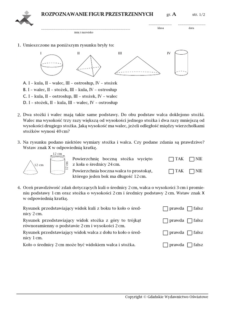 Klasa 6. Figury Przestrzenne ROZPOZNAWANIE FIGUR PRZESTRZENNYCH | PDF