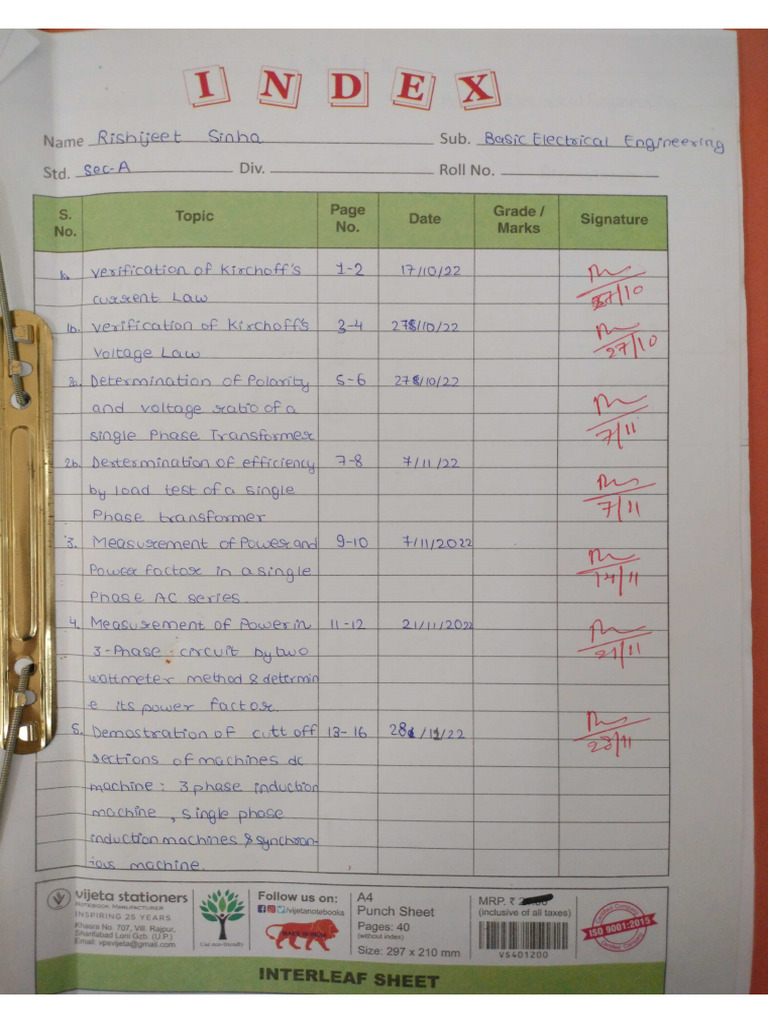 Basic Electrical Engg. Experiments Practical File (Harshit) | PDF