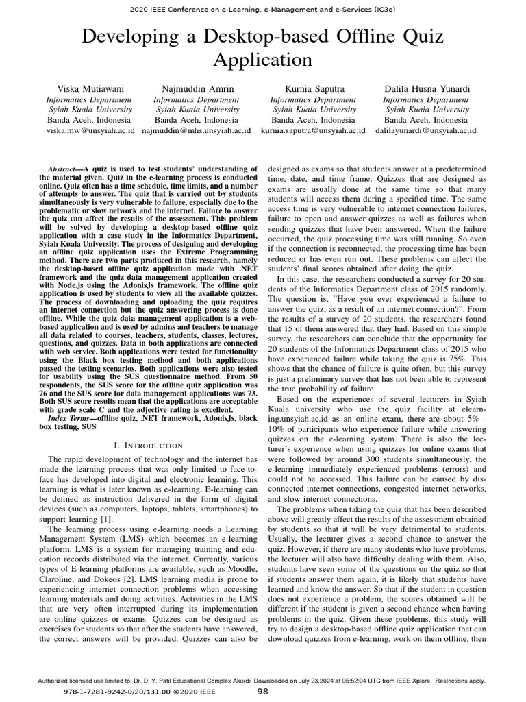 Developing A Desktop Based Offline Quiz Application PDF Educational 