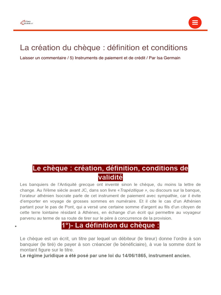 Création et définition du chèque | PDF | Chèque | Banques