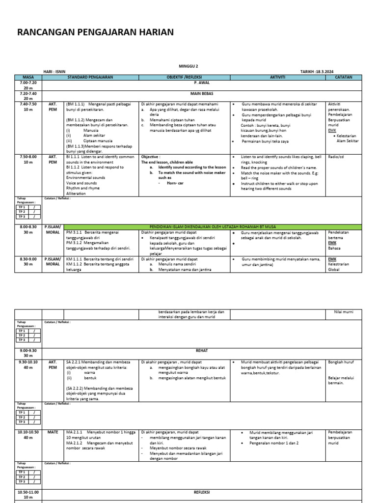 Rancangan Pengajaran Harian Prasekolah | PDF