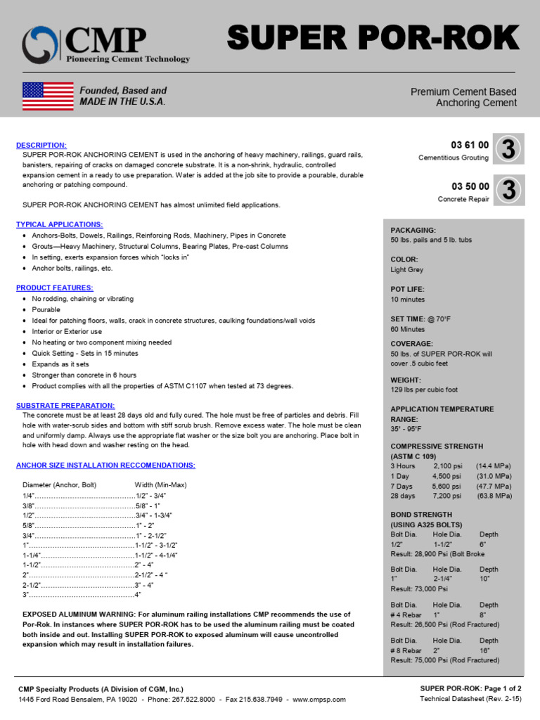 Super Por-Rok Anchoring Cement Datasheet | PDF | Concrete | Screw