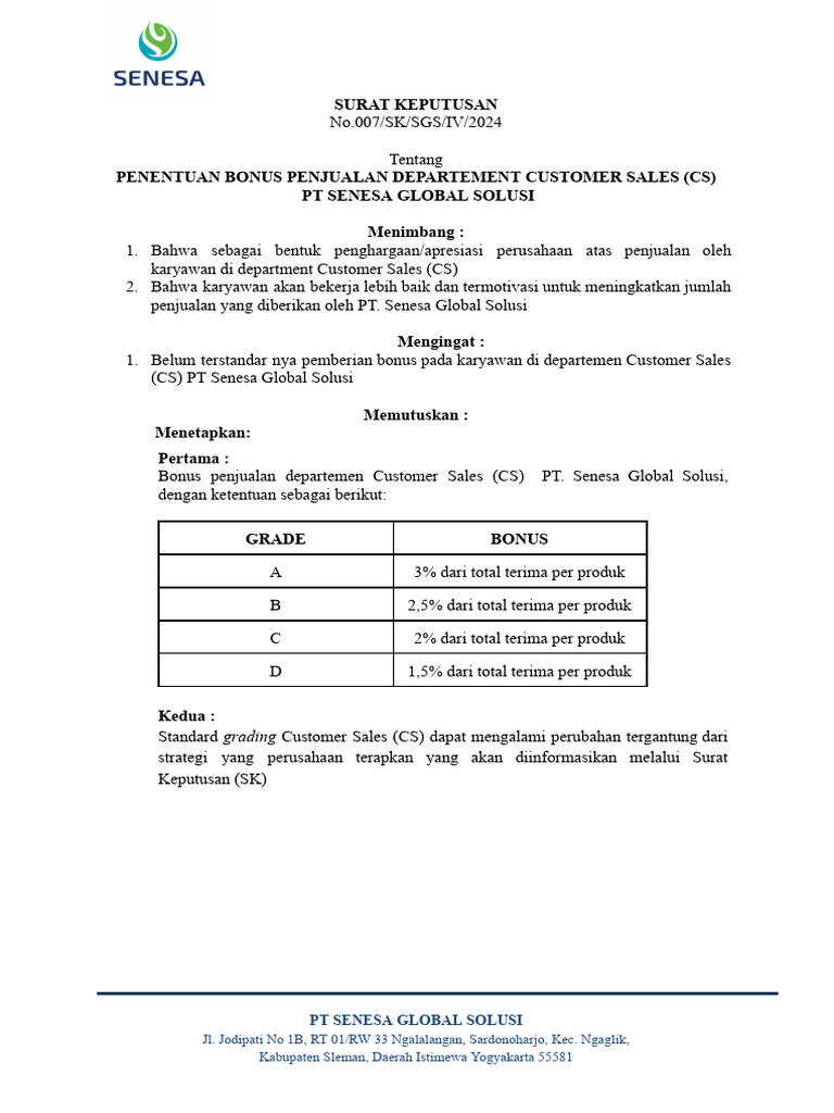 SK 007 - Bonus Customer Sales | PDF | Bisnis