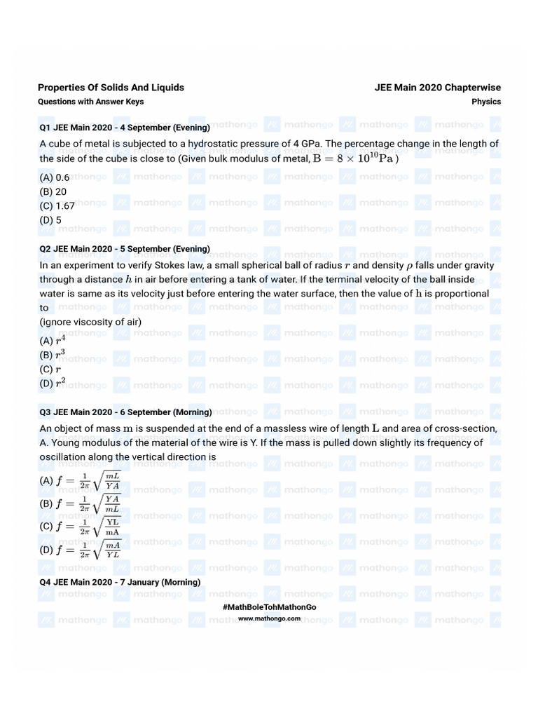 Properties of Solids and Liquids Questions Jee Main 2020 Chapterwise ...