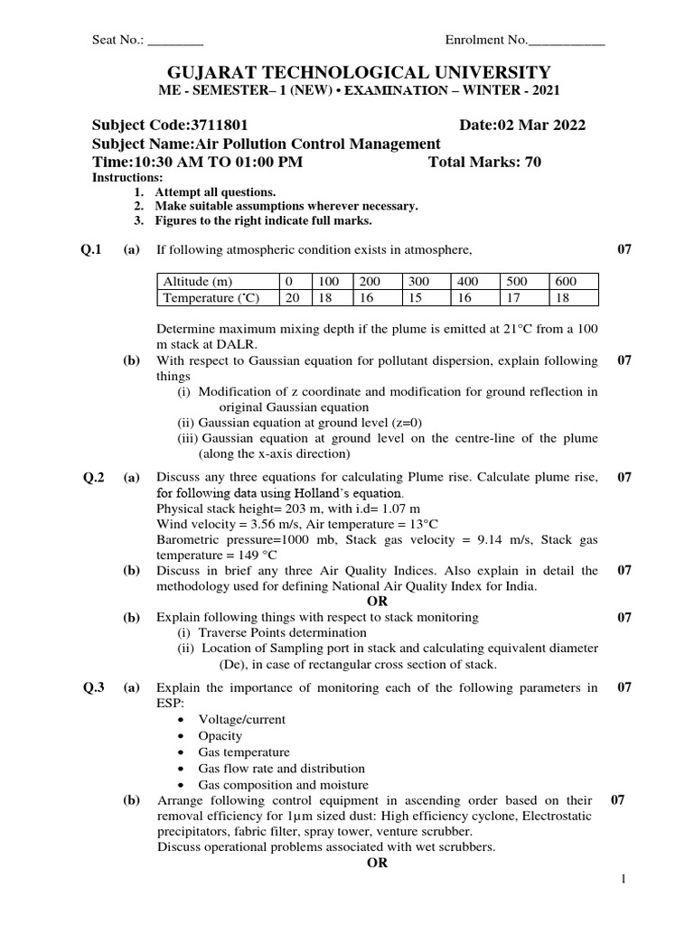 Air Pollution Control Exam Paper 2021 | PDF | Atmosphere