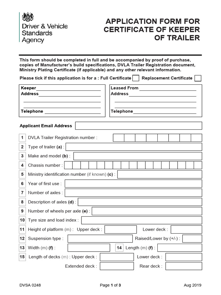 Trailer Keeper Certificate Application Form | PDF | Cheque | Trailer ...