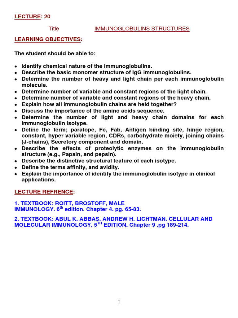 Lecture 20 Immunoglobulins Structures Pdf Antibody Immunoglobulin G