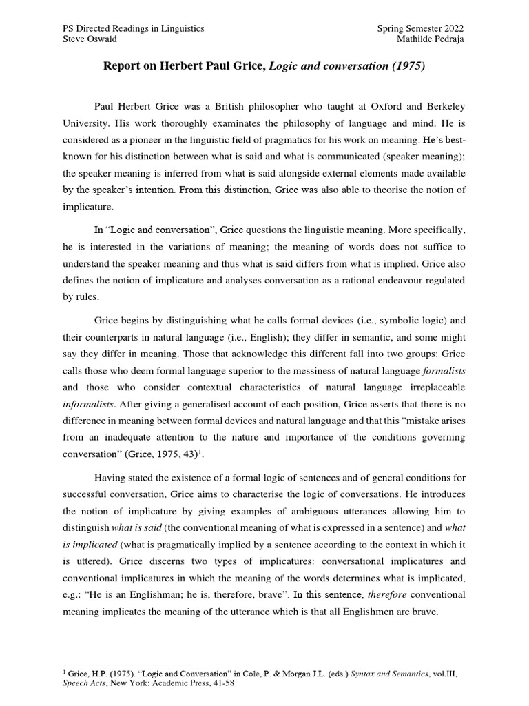Report on herbert paul grice logic and conversation 1975 pdf
