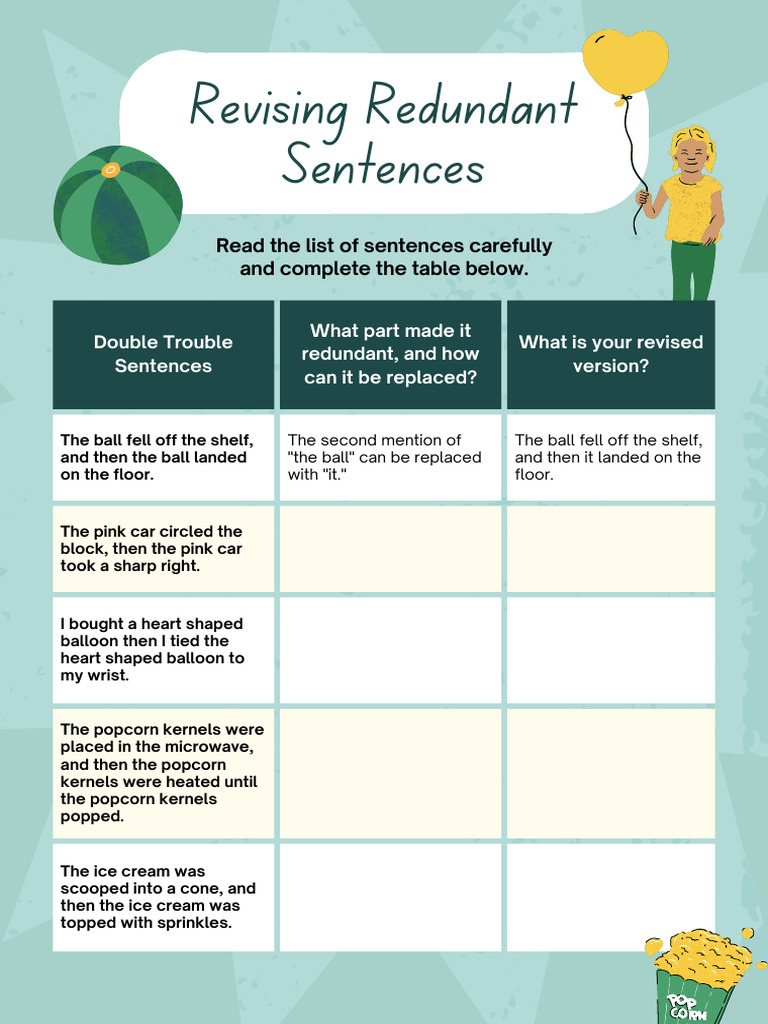 Using Pronouns To Avoid Redundancy English Worksheet in Blue Green ...