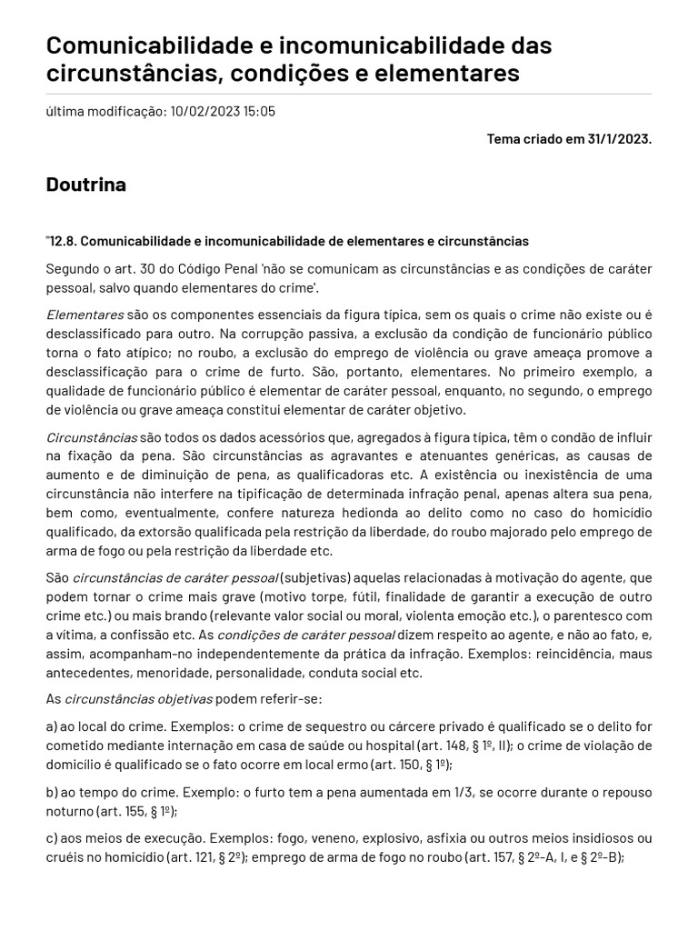 Comunicabilidade E Incomunicabilidade Das Circunstâncias Condições E