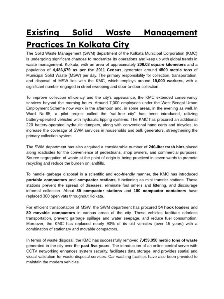 Existing Solid Waste Management Practices in Kolkata City | PDF | Waste ...