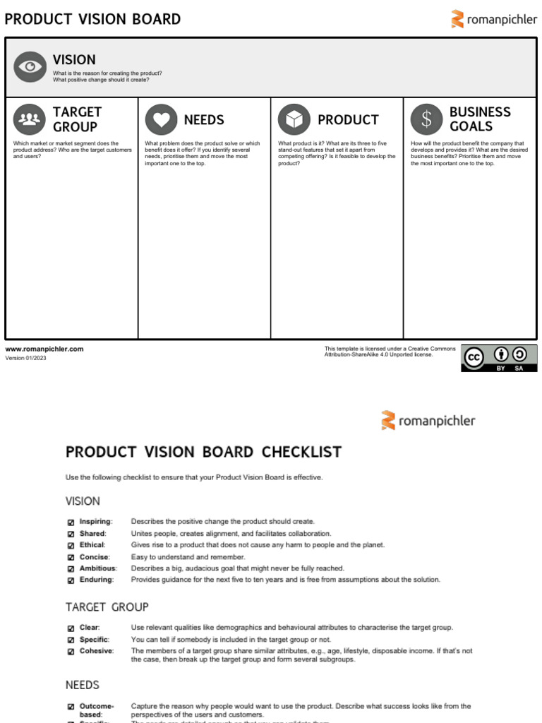 Product Vision Board With Checklist Pdf Target Audience Marketing