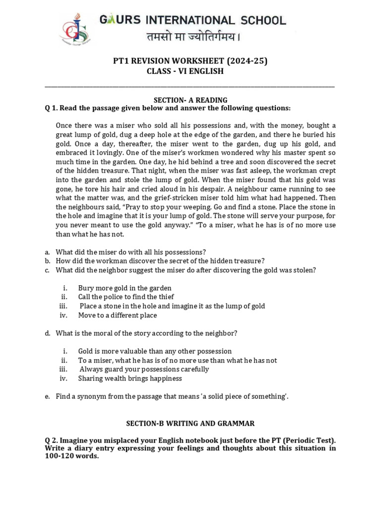 Class VI English PT1 Revision Worksheet | PDF | Pronoun | Linguistic ...