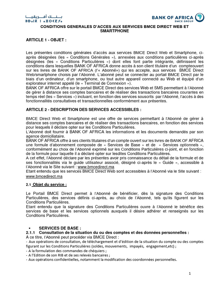 Conditions d'accès aux services BMCE Direct | PDF | Mot de passe ...