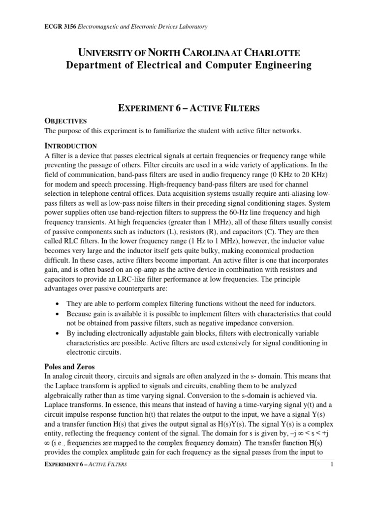 Ecgr3156 Experiment 6 Active Filters | PDF | Electronic Filter ...