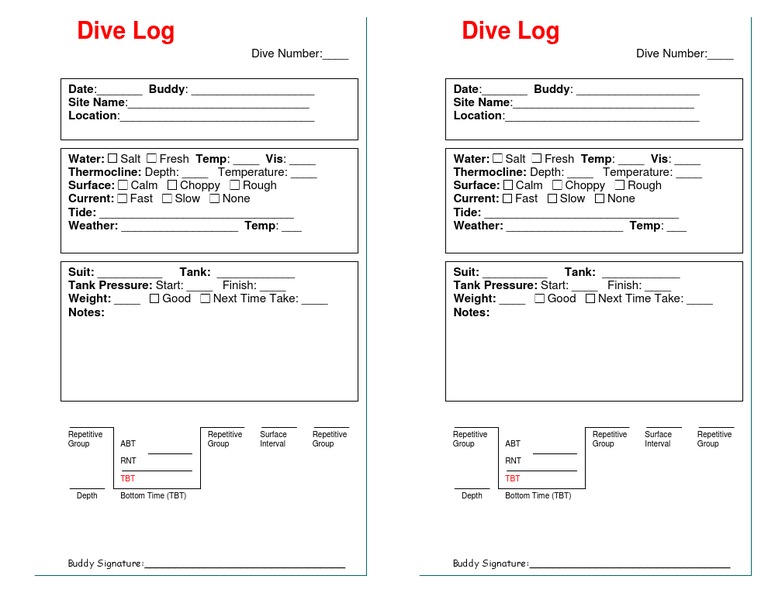 Scuba Dive Log Book Form PADI