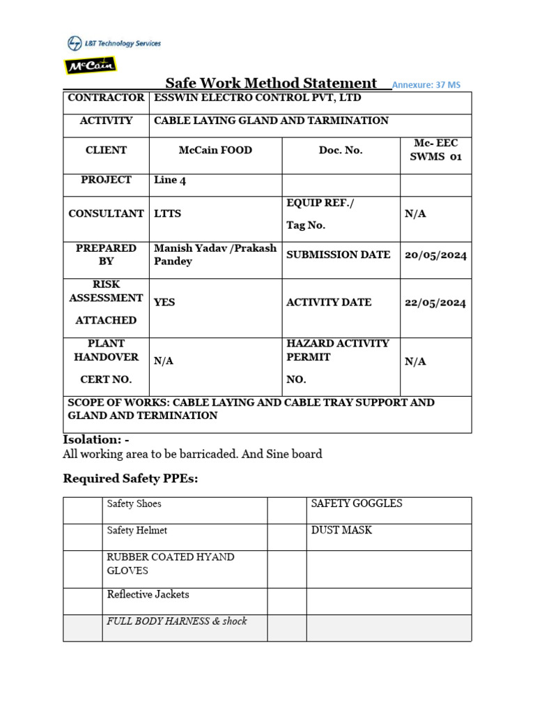 Swms for cable tray and lighting install pdf personal protective