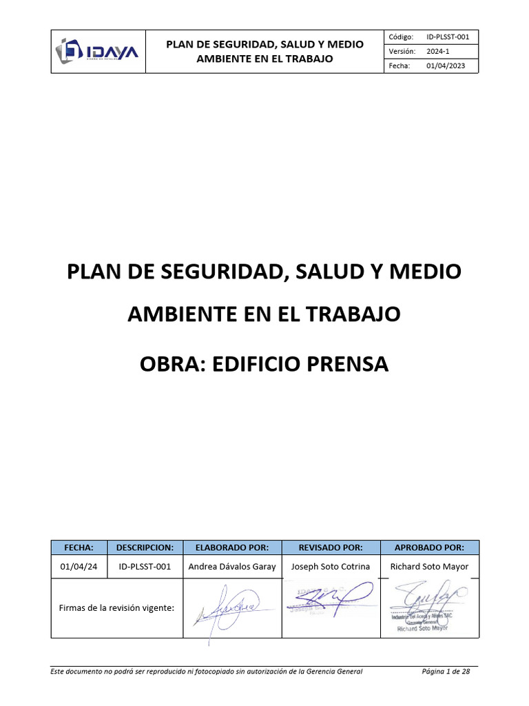 Plan de Seguridad y Salud en El Trabajo | PDF | Seguridad y salud ...