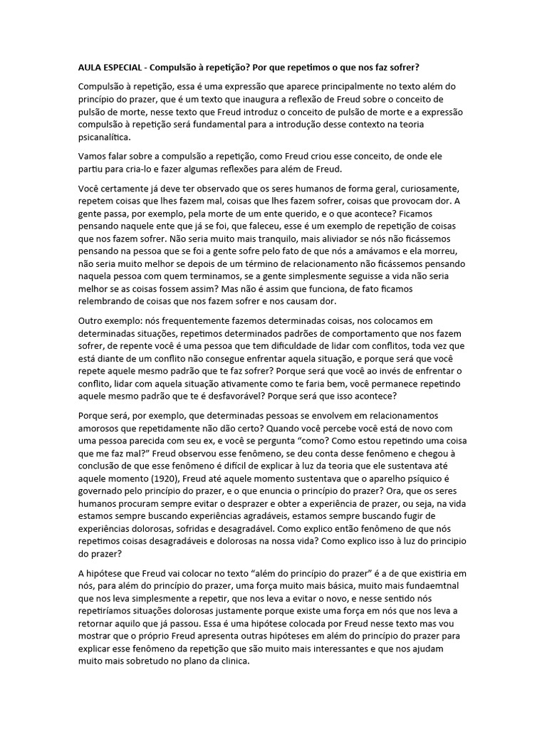 AULA ESPECIAL - Compulsão A Repetição | PDF | Prazer | Sigmund Freud