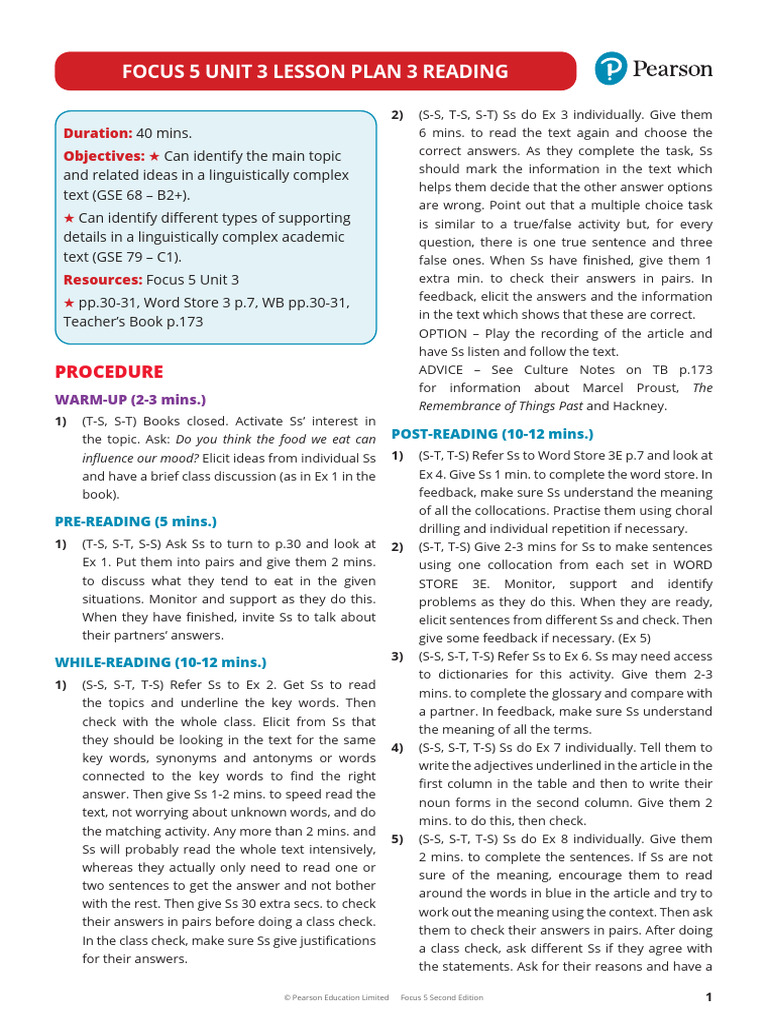 Focus 5 Unit 3 Reading Lesson Plan | PDF | Linguistics | Cognition