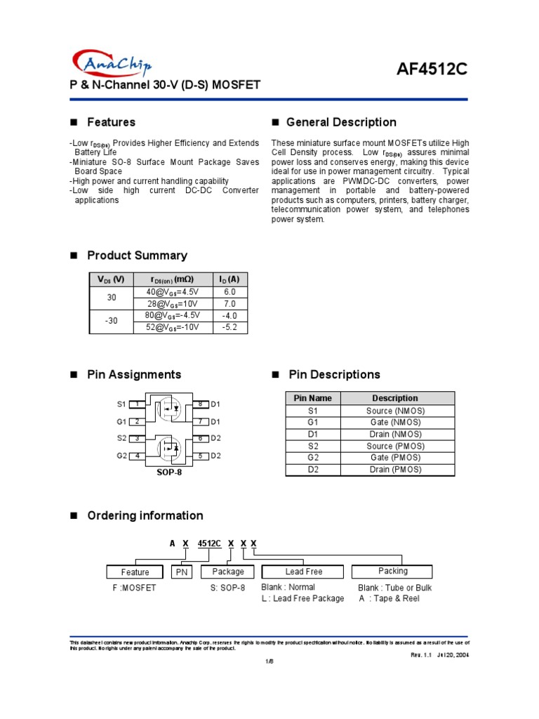 AF4512 | PDF | Mosfet | Field Effect Transistor