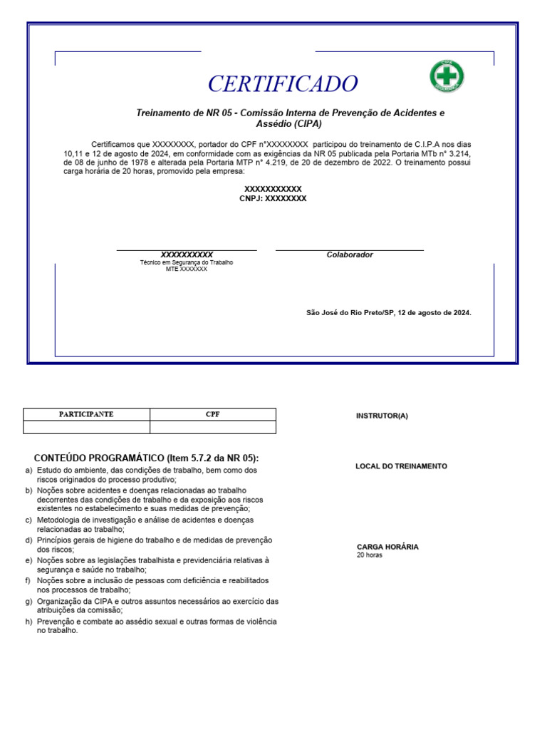 Certificado de Treinamento CIPA NR 05 | PDF | Negócios