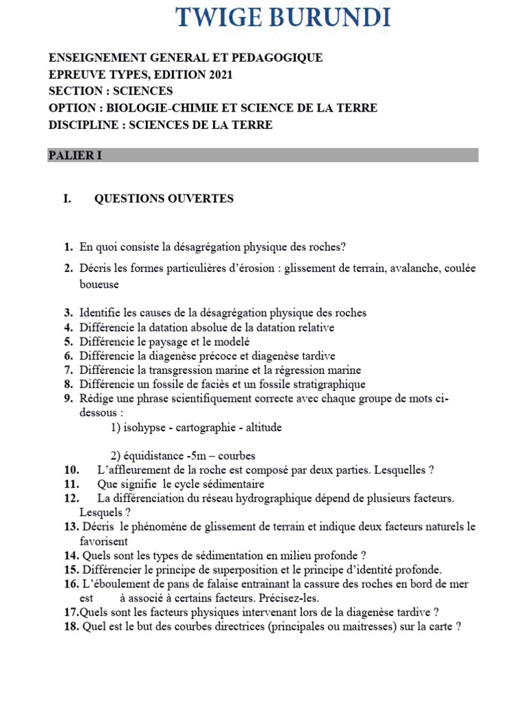 Épreuve de Sciences de la Terre 2021 | PDF | Sol (pédologie) | Roche ...