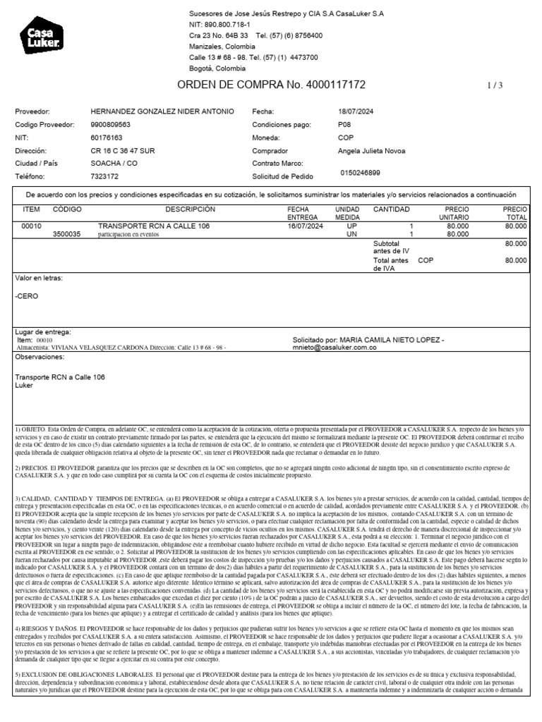 Orden de Compra CasaLuker S.A. 2024 | PDF | Póliza de seguros | Daños y ...