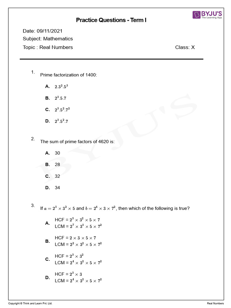 CBSE Class 10 Real Numbers MCQ Practice Questions | PDF | Real Number ...