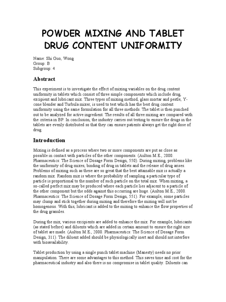 Powder Mixing and Tablet Drug Content Uniformity Tablet (Pharmacy