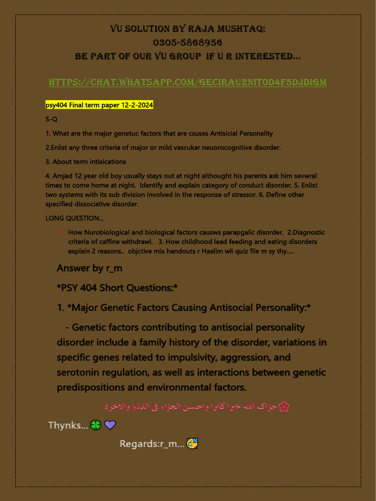 PSY404 Final Term Paper Insights | PDF