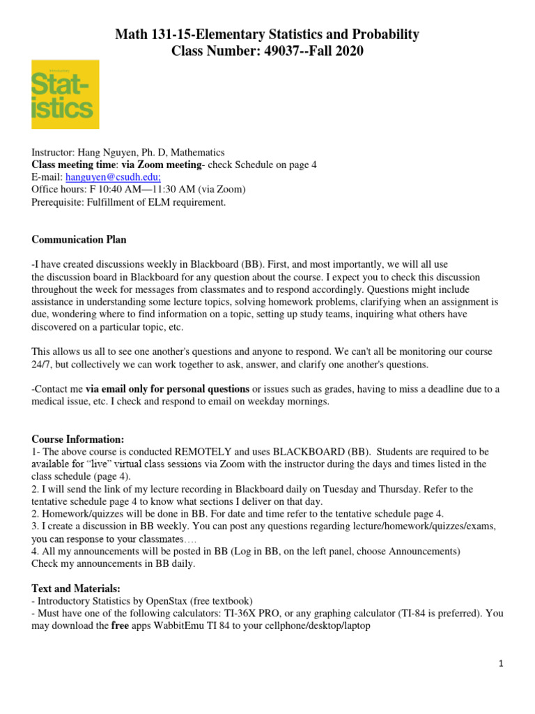 4-Syllabus-Math131-15-Fall 2020-CSUSH | PDF | Hypothesis
