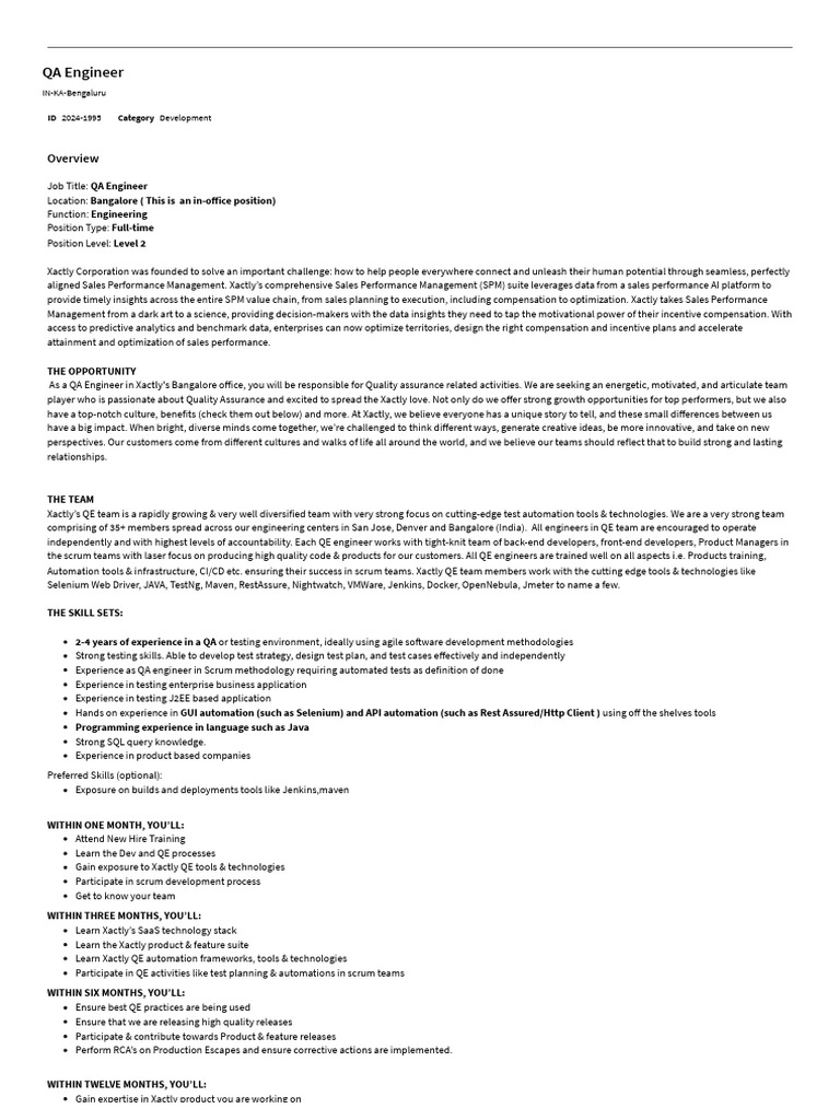 QA Engineer Job Opening in Bangalore | PDF | Software Development ...