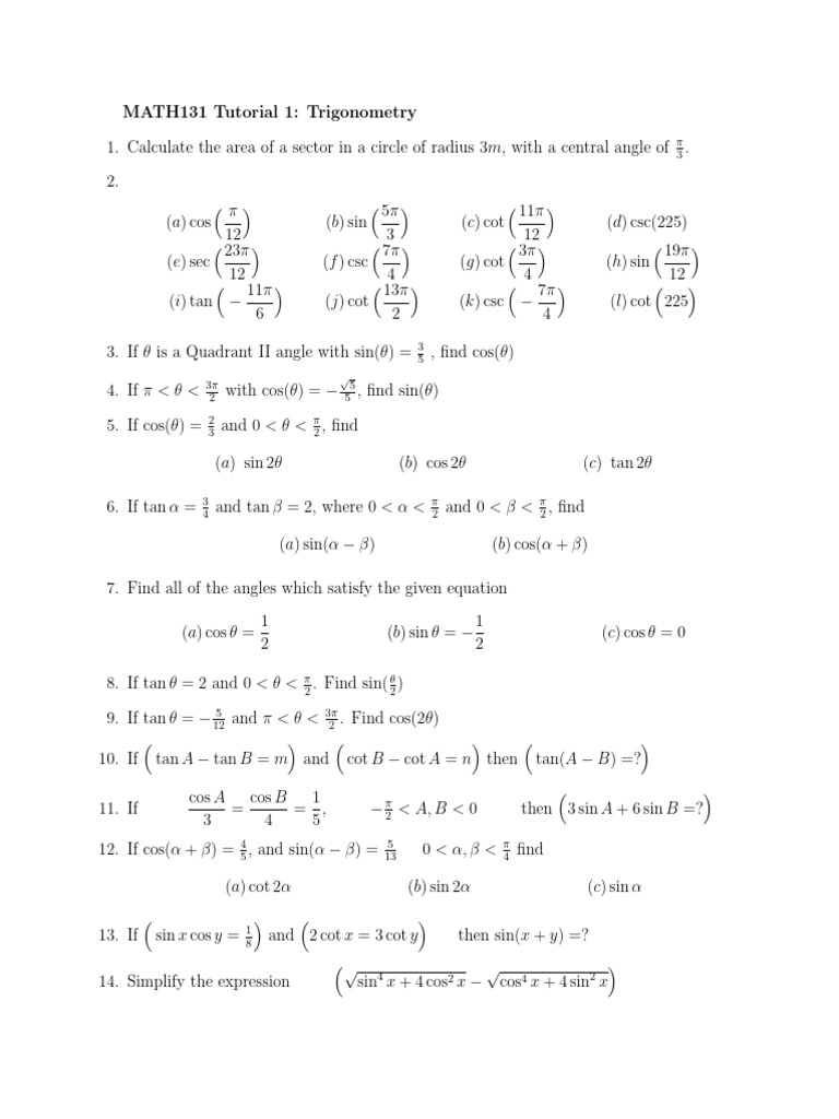 MATH131 Trigonometry Tutorial Exercises | PDF | Geometric Measurement ...