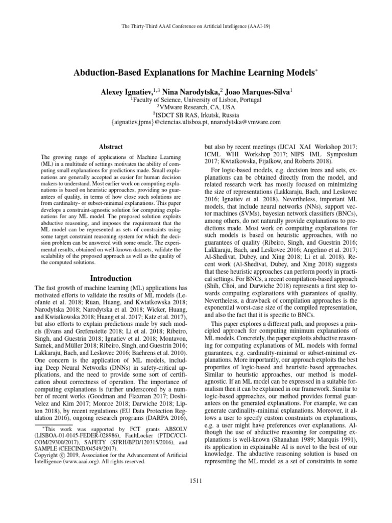 Abduction based explanations for machine learning models pdf first