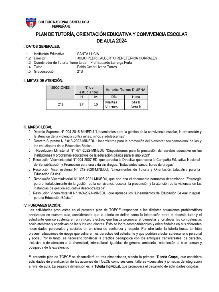 Plan de Tutoría y Convivencia 2024 | PDF | Salón de clases | Enseñando
