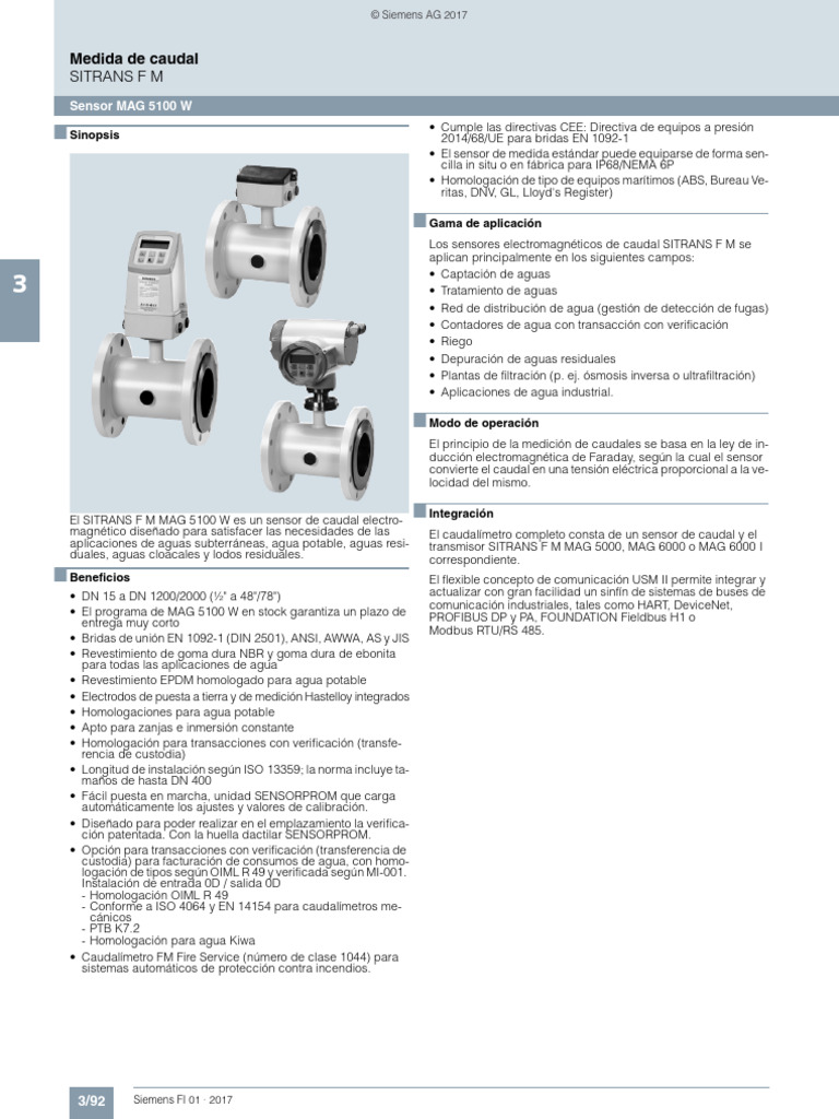 Sensor de Caudal MAG 5100 W de Siemens | PDF | Medición de flujo | Sensor