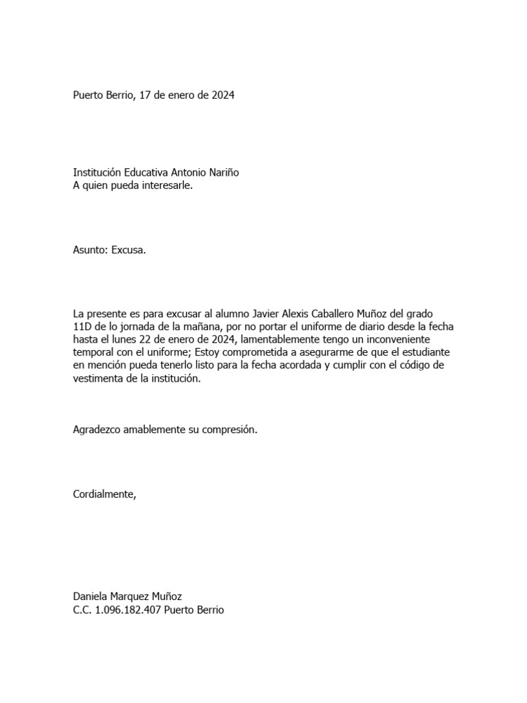 Excusa por falta de uniforme escolar | PDF