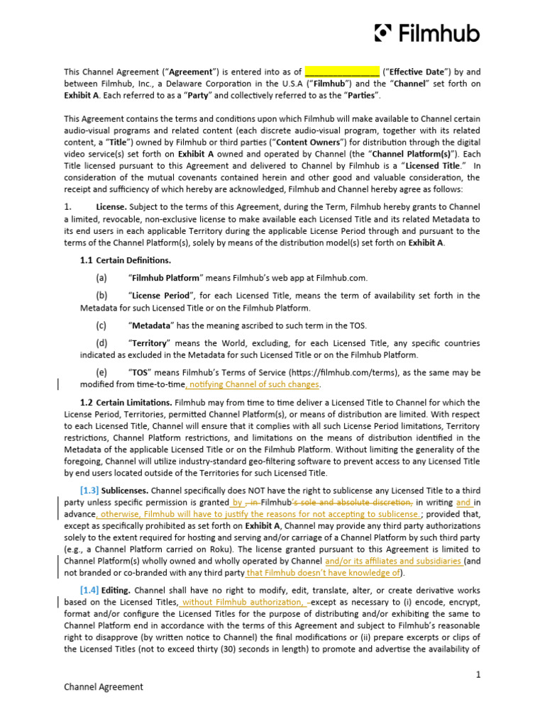 Filmhub Channel Agreement Overview | PDF | License | Indemnity