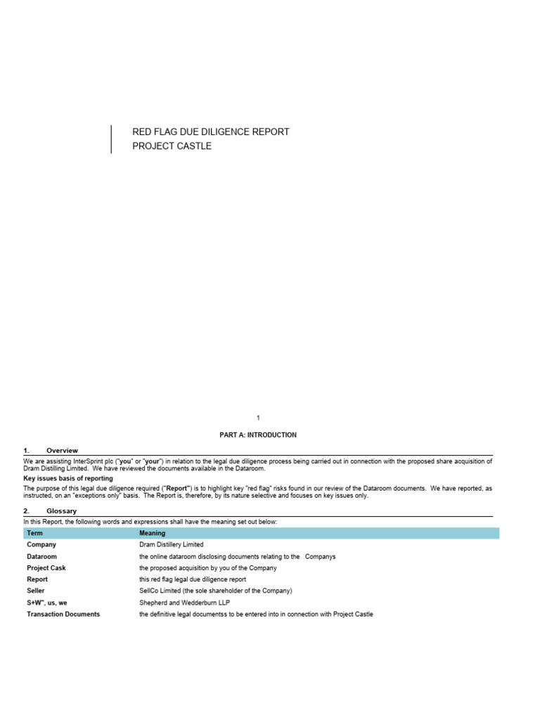 Red Flag Due Diligence Report: Project Castle | PDF | Law