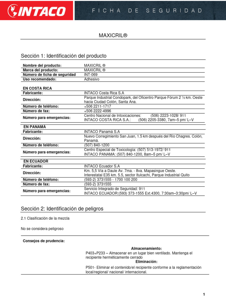 Ficha de Seguridad MAXICRIL® Adhesivo | PDF | Agua | Toxicidad