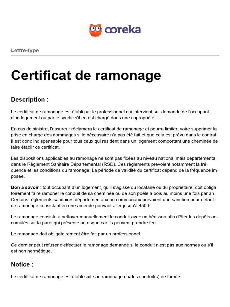 Modèle de certificat de ramonage PDF | PDF | Cheminée | Taxe sur la ...