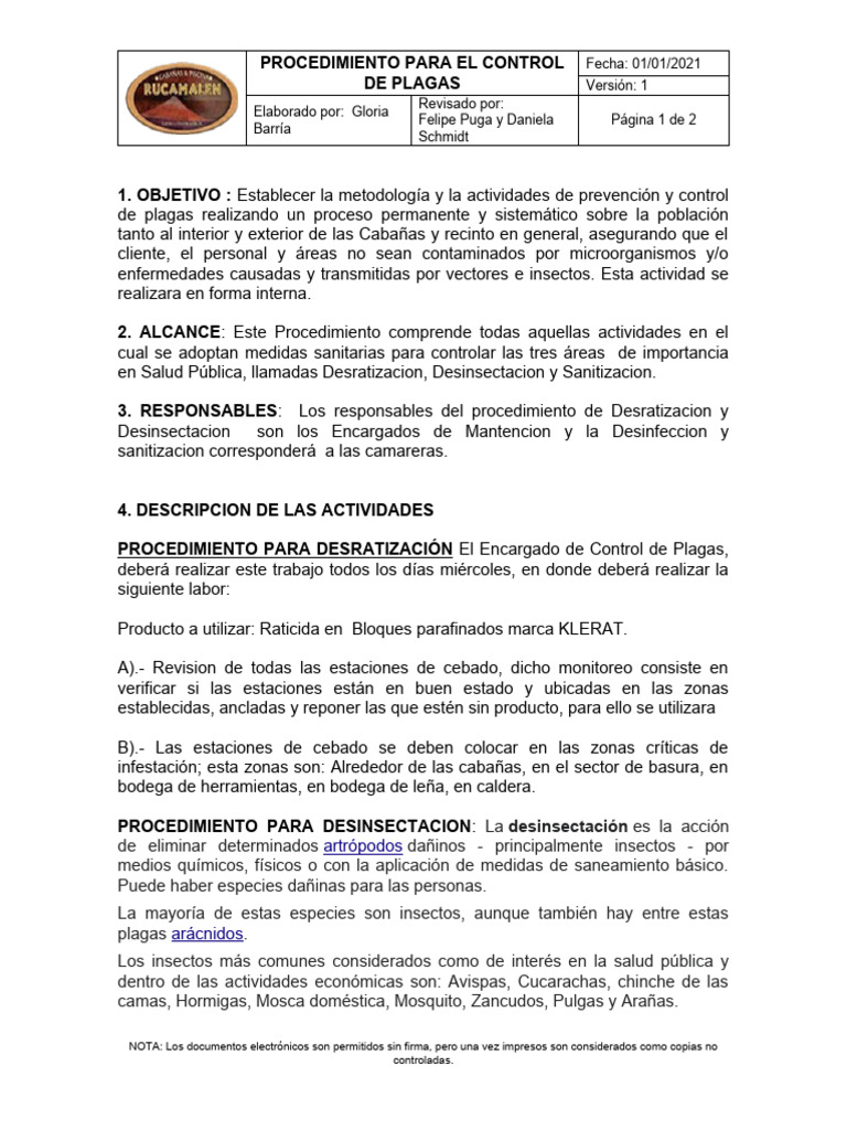 Procedimiento Control de Plagas | PDF | Plaga (organismo) | Insectos