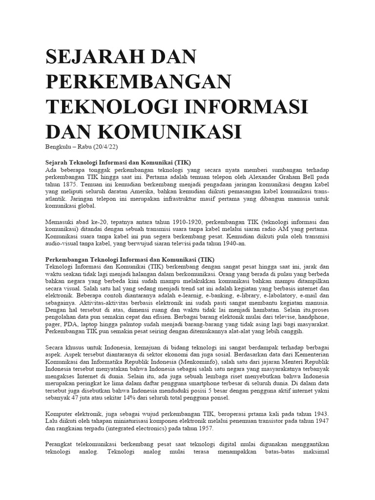 Sejarah Dan Perkembangan Teknologi Informasi Dan Komunikasi | PDF