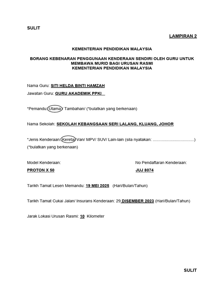 Borang Bawa Kenderaan Sendiri | PDF